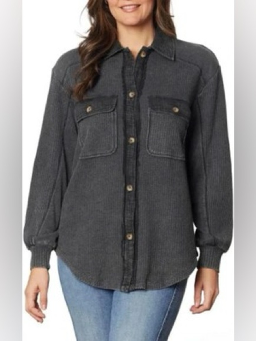 SO Waffle Knit Thermal Button Down Top Charcoal Gray M